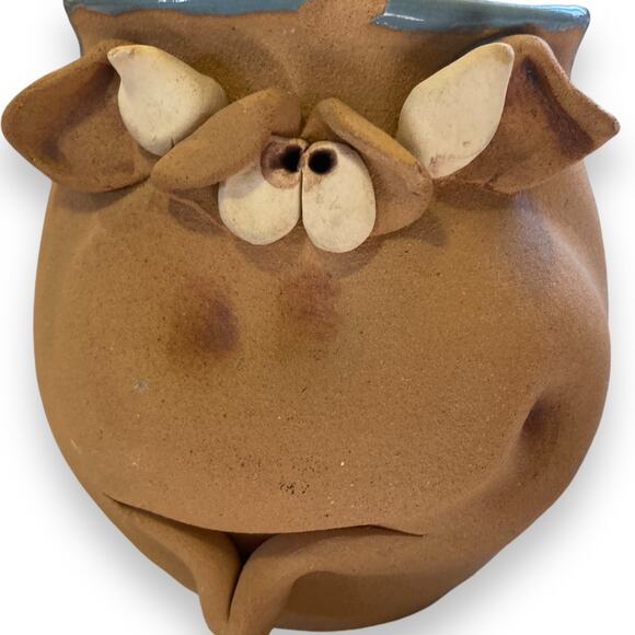 Unique Vintage Hand Thrown Sky Blue Tan Goofy Cow Oversize Coffee Mug Farmhouse - Picture 11 of 16